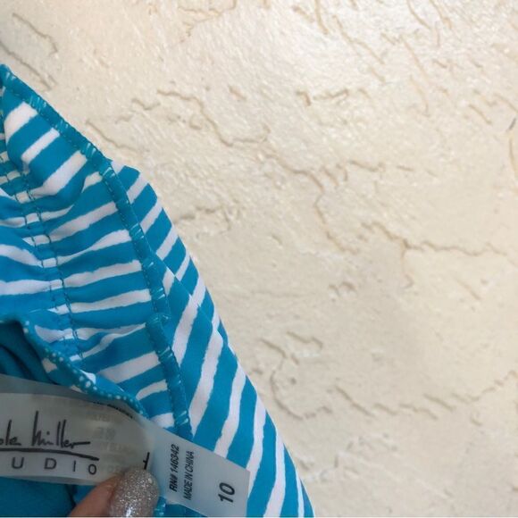 NICOLE MILLER One Piece Stripe Off Shoulder Ruffle Swim Bathing Suit Size 10 - Picture 8 of 9